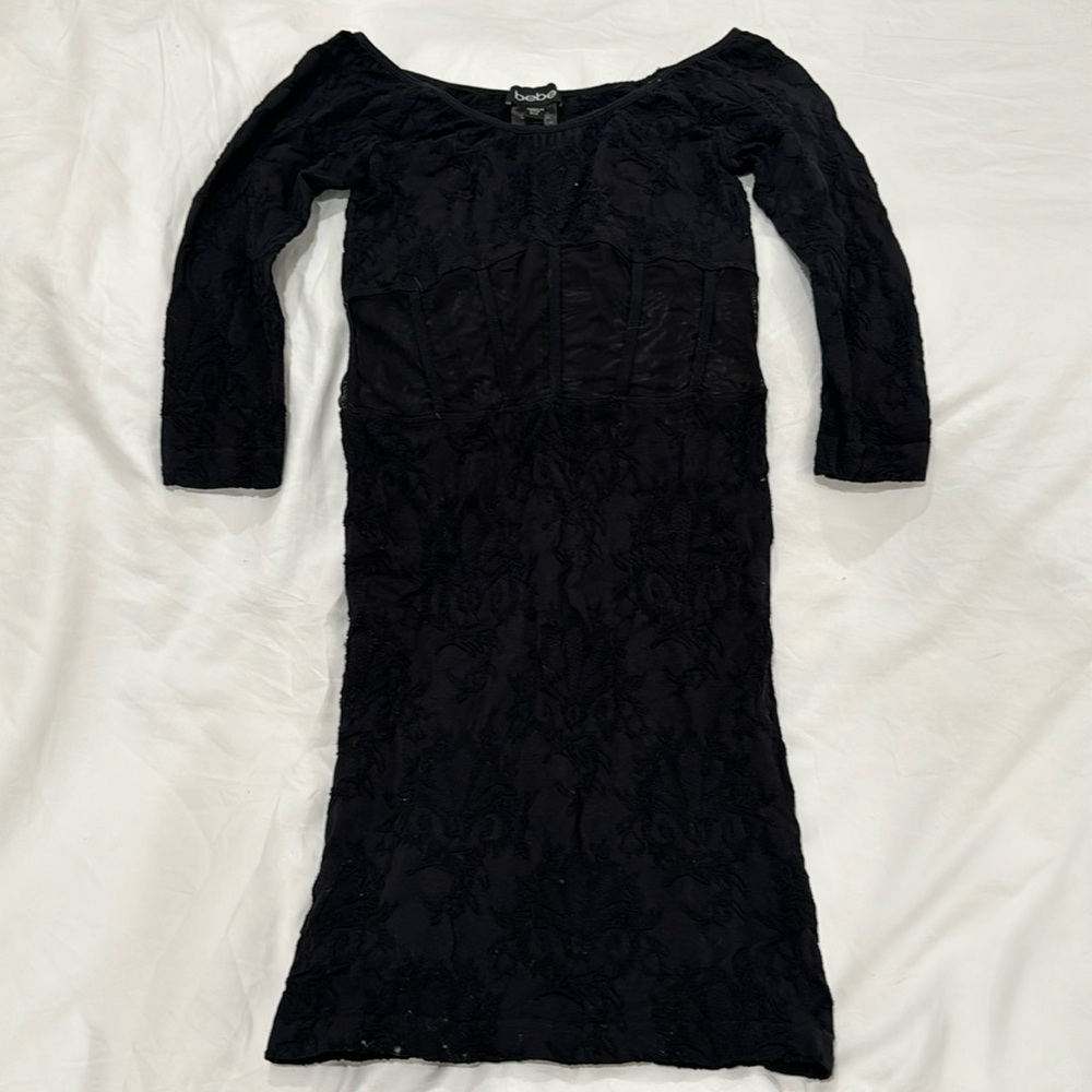 Bebe black floral lace print sheer midriff body dress P/S